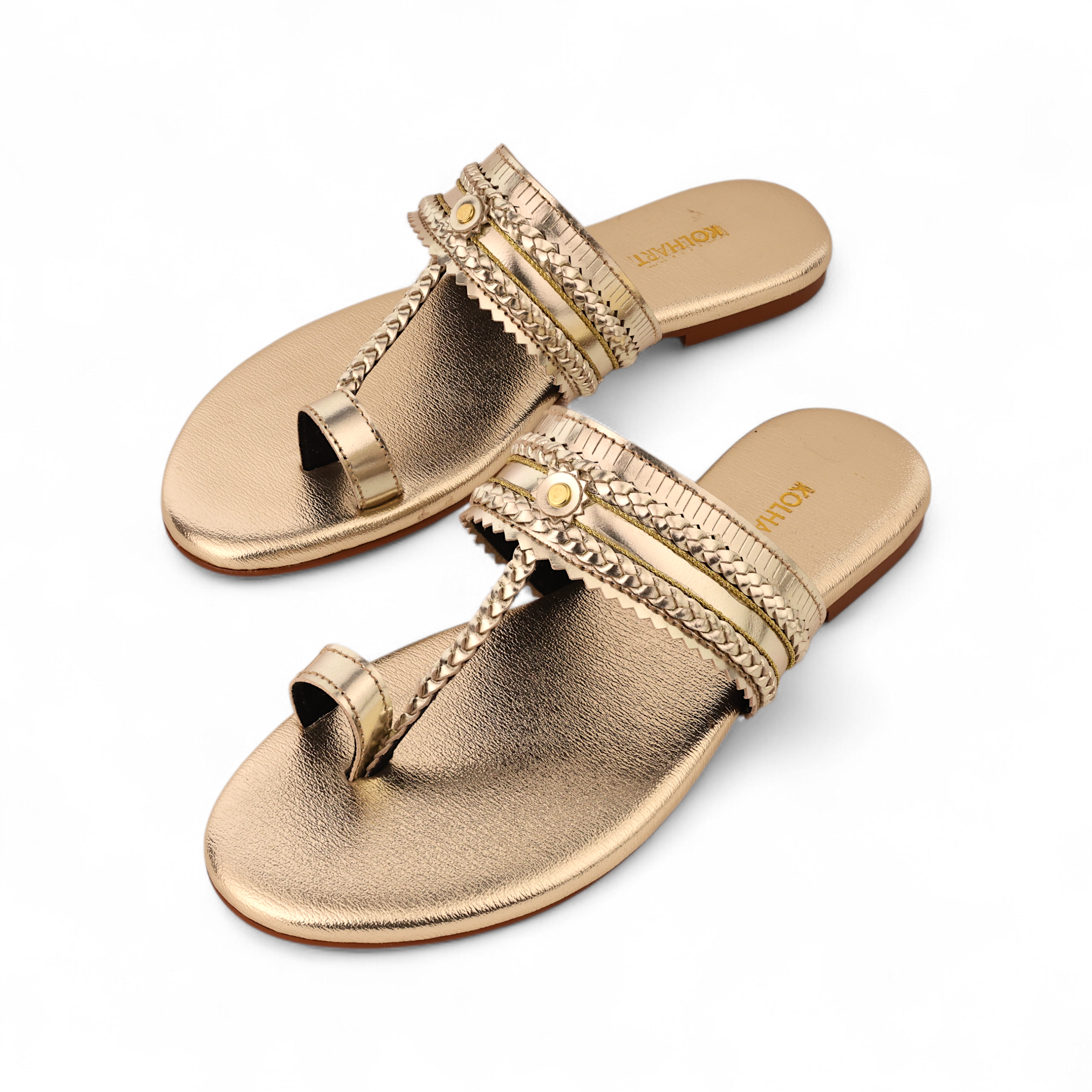 Stylish golden women's sandals with decorative straps